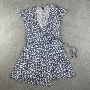Divided H&M Women's US 8 Blue White Flower Viscose Short Sleeve Tie Waist Dress